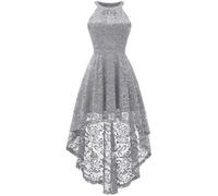 Robe de Soirée Femme - Rétro Dentelle High Low - Mariage Demoiselle d'Honneur - Gris M