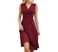 Robe De Soiree Femme sans Manches Cocktail Col V Taille Haute Chic Et éLéGant Mi Longue Plissé Dress Casual Couleur Unie Coupe AjustéE pour FêTe Ceremonie Party Quotidien