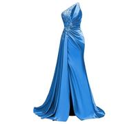 Robe de Soirée Femme Satin Lavande Épaule Dénudée Dentelle Ornement, bleu, 34