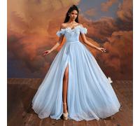 Robe de soirée fleurie bleue rêveuse à épaules dénudées Hannah, design à fente haute, buste ajusté, robe de princesse longue, robe de soirée élégante pour femme, robe de fête de mariage, robe d'invité