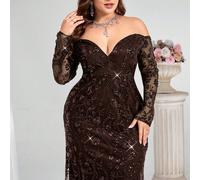 Robe de soirée formelle de luxe à épaules dénudées avec sequins pour femmes grandes tailles (ornementation lourde) 0XL,1XL,2XL,3XL,4XLImprimés aléatoiresTissu tricoté