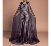 Robe de soirée formelle de luxe et élégante avec dos nu, perles et sequins, avec des accents de plumes - Silhouette sirène avec manches cape en tulle pour les dîners de gala, les fêtes de luxe et les