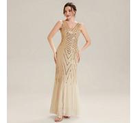 Robe de soirée formelle élégante de luxe vintage glamour brillante avec broderie lourde, paillettes, patchwork de maille, queue de sirène dorée, été et début d'automne L,M,S,XL,XXLUnicoloreSequins