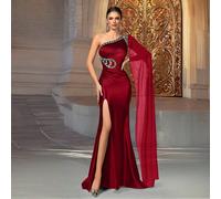 Robe de soirée formelle élégante en satin rouge rose à une épaule, décorée de perles et d'une fente haute, robe de bal pour femmes, robe longue de luxe pour mariage et fête L,M,S,XL,XSCoutume populair