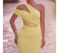 Robe de soirée formelle élégante pour femme, maille tricotée extensible avec patchwork de sequins luxueux, encolure asymétrique originale à l'épaule, taille latérale transparente avec baleines en arêt