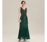 Robe de soirée formelle élégante vintage glamourante brillante avec broderie lourde, paillettes, patchwork de maille, queue de sirène, vert foncé, pour fête d'été et début d'automne L,M,S,XL,XXLUnicol