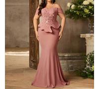 Robe de soirée formelle pour femme, grande taille, élégante, en tricot élastique rose lotus aux épaules dénudées, avec des strass 3D cousus à la main et une coupe asymétrique fendue en queue de sirène