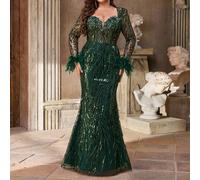 Robe de soirée grande taille élégante et luxueuse pour l'automne et l'hiver, avec un col en cœur transparent à manches longues, une jupe sirène à queue de poisson, des sequins et des broderies en vert