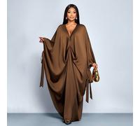 Robe de soirée grande taille pour femme, marron chocolat, automne-hiver, modeste, formelle, col V profond, satin, ample, manches chauve-souris, ruban, plissée, jupe longue 0XL,1XL,2XL,3XL,4XLUnicolore