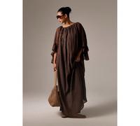 Robe de soirée longue à épaules dénudées, manches volantées, taille empire froncée, longueur intégrale, pour l'automne, l'hiver et les fêtes L,M,S,XL,XS,XXL,XXS,XXXL,XXXXLUnicoloreTissu tissé
