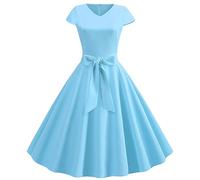 Robe de soirée longue élégante à col en V pour femme - Grandes tailles - Couleur unie - Robe noire - Robe de bal - Manches courtes - Élégante robe festive longue vintage - Robe d'hiver, bleu ciel, M