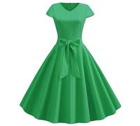 Robe de soirée longue élégante à col en V pour femme - Grandes tailles - Couleur unie - Robe noire - Robe de bal - Manches courtes - Élégante robe festive longue vintage - Robe d'hiver, vert, S