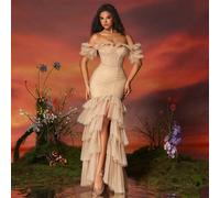 Robe de soirée longue élégante en maille à épaules dégagées de couleur unie, robe de bal, de mariage ou de soirée. Convient pour un bal de promo, un dîner ou d'autres occasions formelles. L,M,S,XL,XSU