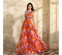 Robe de soirée longue élégante et glamour pour femme en mousseline de soie, avec une épaule et un ourlet évasé, design fluide sans manches parfait pour les événements du soir L,M,S,XLTropical,PlantesM