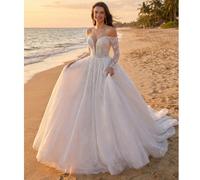 Robe de soirée longue élégante, robe de mariée à manches longues, col rond, tissu en maille, applique florale et broderie, & élégance automnale US10,US6,US8,US2,US4,US12,US16,US14UnicoloreTissu en tul