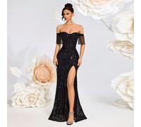 Robe de soirée longue et fendue pour femme, avec épaules dénudées, broderie perlée, manches à franges, taille haute et dos lacé L,M,S,XSBlocs de couleur,Tout ImpriméTissu tissé