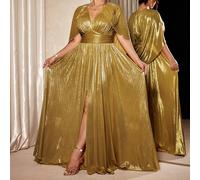 Robe de soirée longue et habillée pour femmes grandes tailles, robe fendue à l'avant, robe de soirée cape dorée brillante à encolure en V, robe grande taille en tissu métallique avec col châle et tail