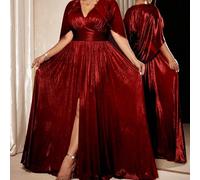 Robe de soirée longue et habillée pour femmes grandes tailles, robe fendue à l'avant, robe de soirée cape dorée brillante à col en V, robe grande taille en tissu métallique, col châle et design taille