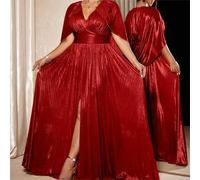Robe de soirée longue et habillée pour femmes grandes tailles, robe fendue à l'avant, robe de soirée cape dorée brillante à encolure en V, robe grande taille en tissu métallique avec col châle et tail