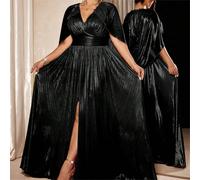 Robe de soirée longue et habillée pour femmes grandes tailles, robe fendue à l'avant, robe de soirée cape dorée brillante à col en V, robe grande taille en tissu métallique avec col châle et taille ci