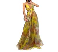 Robe De Soirée Longue Ete Dentelle De Cérémonie Maille Robe Femme Chic Et Elegant Fluide Cocktail Vetement Ete sans Manches Boheme Légère Grande Taille Summer Dress(Jaune,M)