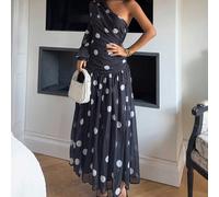 Robe de soirée longue fluide pour fête du Nouvel An, avec une épaule, manches longues et taille basse, à pois élégante L,M,S,XSImprimés aléatoiresTissu tissé
