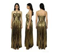 Robe de soirée longue métallique pour femme, style Empire, épaules dénudées, col halter, idéale pour mariage ou événement formel gold