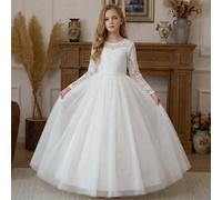 Robe de soirée longue pour adolescente, élégante, à manches longues, en dentelle blanche et patchwork de maille. Décoration de fausses perles, dos nu, col en V, coupe slim. Convient pour mariage, bal 