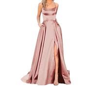 Robe de soirée longue pour femme - Robe de bal élégante dos nu - Robe de soirée spaghetti en satin - Fente latérale - Robe de bal de mariage avec poches - Robe de cocktail unie, rose gold, M