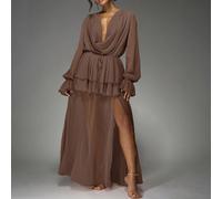 Robe de soirée maxi avec col bénitier élégant et volants, manches bouffantes longues. Idéal pour un mariage, une fête, un événement formel en automne/hiver L,M,S,XL,XS,XXL,XXS,XXXL,XXXXLUnicoloreMouss