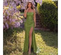 Robe de soirée maxi élégante à bretelles spaghetti, taille haute, fente haute, dos nu, plissée, avec nœud. Convient pour le bal, l'anniversaire, le dîner de gala, le rendez-vous, le bal de promo, l'in