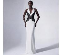 Robe de soirée maxi élégante, minimaliste et à la mode avec un contraste noir et blanc, un patchwork de dentelle, un col ras-du-cou et une découpe à la taille pour les femmes L,M,S,XL,XS,XXL,XXS,XXXL,