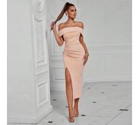 Robe de soirée mi-longue élégante avec un épaule, un devant plissé, une fente dans le dos, pour le bal de promo, l'anniversaire, la soirée, le rendez-vous, la fête de retour au lycée, le mariage, la r