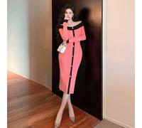 Robe de soirée moulante formelle avec décoration de boucle métallique en blocs de couleurs, style automne/hiver. Robe pull élégante avec épaules dénudées pour soirée, mariage L,M,S,XLBlocs de couleurL