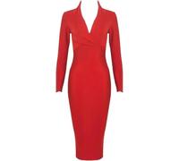 Robe De Soirée Moulante pour Femmes Sexy Deep V Neck Party Club Bandage Manches Longues Robe Bustier, Red, XL