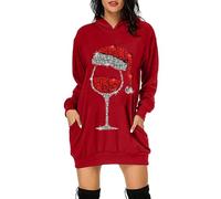 Robe De Soirée Noel Femme, Sweat Long Femme À Manches Longues Col Rond avec Capuche Sweatshirt Imprimé Moche Confortable Tunique Hoodie Pullover Ample avec Poches Casual Dress Genou