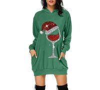 Robe De Soirée Noel Femme, Sweat Noel Femme Grande Taille À Manches Longues Col Rond avec Capuche Sweatshirt Imprimé Moche Confortable Tunique Hoodie Pullover Ample avec Poches Casual Dress Genou