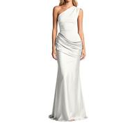 Robe de soirée noire asymétrique pour femme avec taille froncée | Une silhouette élégante pleine longueur dispose d'un décolleté asymétrique asymétrique et de détails froncés à la taille
