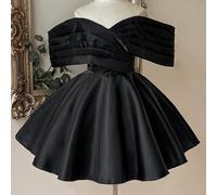 Robe de soirée noire élégante en satin brillant avec épaules dénudées, taille marquée, applique 3D exagérée, jupe bouffante trapèze, adaptée aux rendez-vous, vacances, enterrement de vie de jeune fill