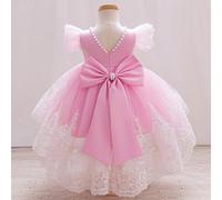 Robe de soirée pour bébé fille rose pâle avec bordure de perles, traîne en dentelle asymétrique, dos en V profond et grand nœud en satin pour Noël, 1er anniversaire, Nouvel An et gala 6-9M,9-12M,12-18