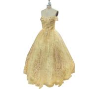 Robe De Soirée pour Femme, Asymétrique épaule Dénudée, élégante, en Tulle, avec Appliques, Robe De Mariée Longue De Fête, Gold, XL