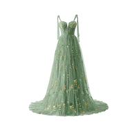 Robe de soirée pour femme avec broderie florale - Robe de bal de fin d'année - Bretelles spaghetti - Robe de demoiselle d'honneur, B-vert., 34