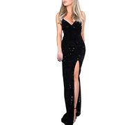 Robe de soirée pour femme - Robe sexy à paillettes - Couleur unie - Sans manches - Col en V - Coupe étroite - Robe fourreau - Robe de bal - Robe longue - Robe longue - Robe de soirée