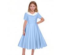 Robe de soirée pour filles de 5 à 14 ans, robe nuisette à manches courtes et col nuisette vintage vichy pour enfants, adolescents, robes de soirée midi années 1950, Hepburn Rockabilly, A118 Bleu, 11