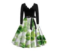 Robe de soirée rockabilly pour femme - Robe de soirée longue - Vert - Trèfle à quatre feuilles - Swing - Col en V - Manches longues - Robe de cocktail vintage des années 50 - Robe de bal, Camouflage