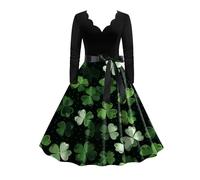 Robe de soirée rockabilly pour femme - Robe de soirée longue - Vert - Trèfle à quatre feuilles - Swing - Col en V - Manches longues - Robe de cocktail vintage des années 50 - Robe de bal, Blanc., L