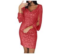 Robe de soirée sexy pour femme - Solide - Coutures à paillettes - Robe de club brillante - Manches longues - Mini robe élégante - Robe d'été sexy pour femme, rouge, XL
