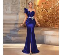 Robe de soirée sirène bleu royal à une épaule avec volant floral et taille ornée, fente haute élégante L,M,S,XL,XSUnicoloreTissu tissé