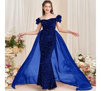 Robe de soirée sirène élégante avec épaules dénudées, décorée de volants et d'un overlay en organza mousseline fluide, convient pour les occasions formelles comme la remise des diplômes et le bal de p