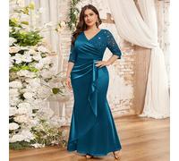 Robe de soirée sirène en satin avec volants et dentelle florale contrastée, décolleté en V avec sequins. Robe de soirée, robe d'hiver, robe pour la Saint-Valentin, pour les invités de mariage, la remi